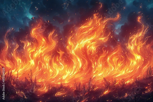 Illustration of a burning fire in the night sky as a background