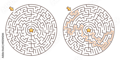 Maze  game for kids  with a solution. Circular labyrinth with a star in the center. 