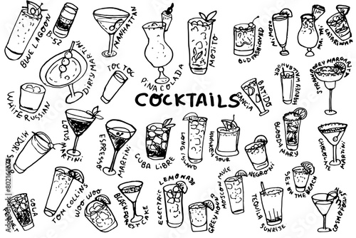 Cocktails hand drawn set. Vector illustration isolated on white background. For packaging, wall art, posters, branding,  magazines, book cover, blogs,  business, social media, greeting cards,  banner,