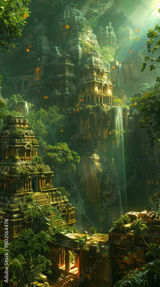 Jungle scene with waterfall painting. Generative AI