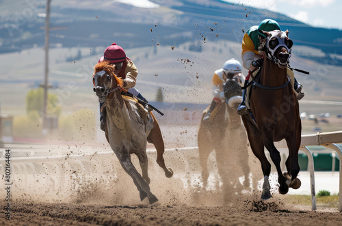 horses and their jockeys are competing on the racetrack, exciting horse racing concept. 