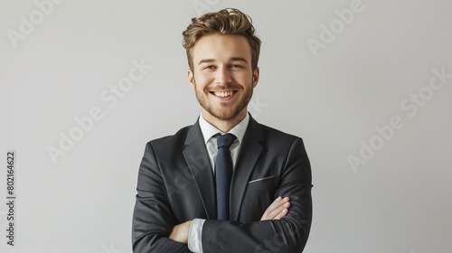 Portrait of handsome caucasian man in formal suit looking at camera smiling with toothy smile isolated in white background. Confident businessman ceo boss freelancer manager