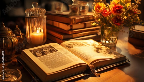 Nostalgic stock photo of a vintage photo album open under a soft lamp light, revisiting memories that glow with the light of love and fond remembrance photo