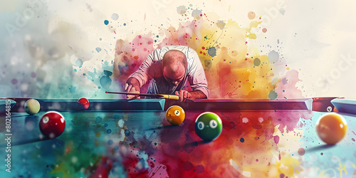  A playing pool man playing snooker ball on watercolor Painting background and wallpaper ,A male artist paints a large art picture in rich colors 
 photo