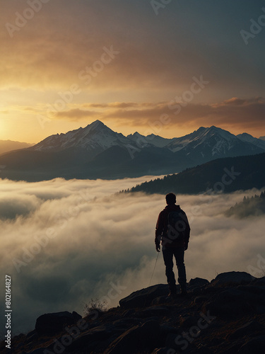 Summit Serenity, Silhouetted Man Embracing Success on Mountain Top at Sunset