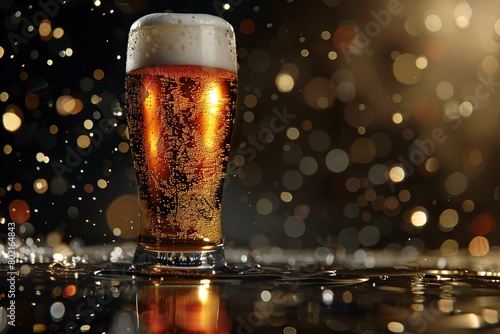Glass of beer on a dark background with bokeh, close-up