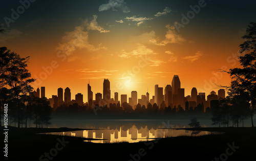 City skyline with sunset background. Generative AI