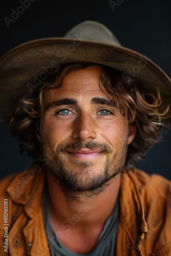 Portrait of a handsome young man in cowboy hat looking at camera