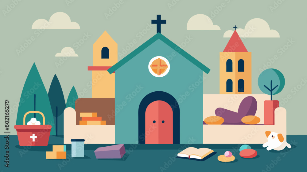 A Protestant church includes a quiet room in their building equipped with sensory toys and comforting items for individuals who may become overwhelmed. Vector illustration A Protestant church includes a quiet room in their building equipped with sensory toys and comforting items for individuals who may become overwhelmed. Vector illustration