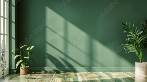 A large, empty room with a green wall and a window. There are two potted plants, one on the left and one on the right. The room is bright and airy, with a sense of openness and calm