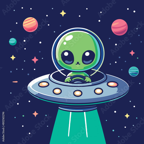 illustration of  an alien piloting a UFO in outer space