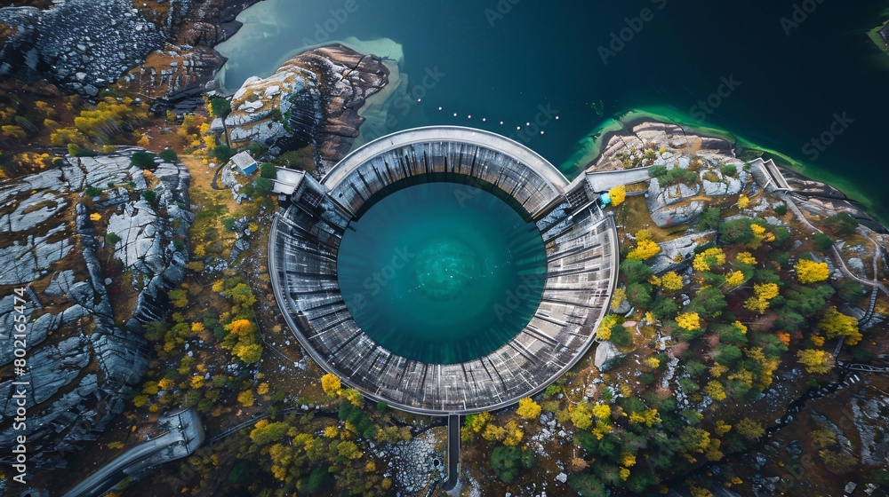 Obraz premium Hydroelectric Harmony. A breathtaking aerial view of a hydroelectric dam surrounded by natural scenery. emphasizing sustainable energy and environmental impact.