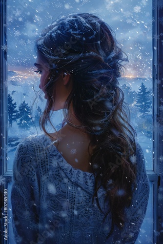 Beautiful young woman looking out the window at night in winter