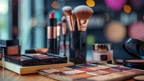  Assorted Cosmetic Makeup Products Artistically Displayed on Wooden Surfaces, blurred background