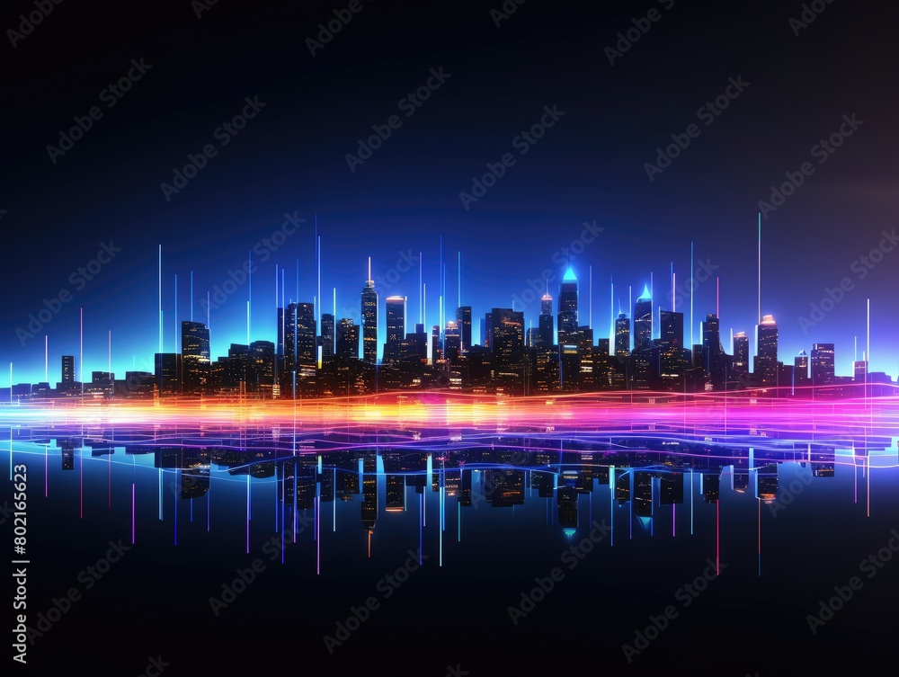 Neon data skyline, vibrant digital streamlines, panoramic banner