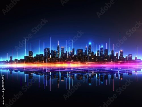 Neon data skyline  vibrant digital streamlines  panoramic banner