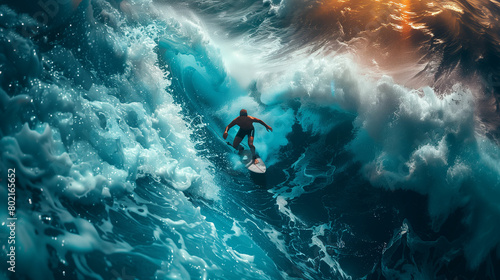 Man riding wave on surfboard. Generative AI
