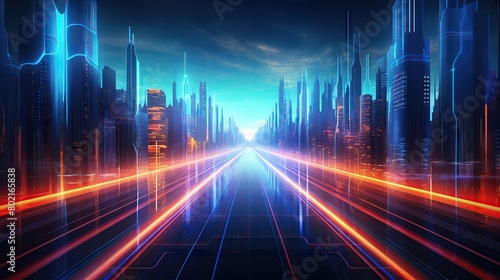 Expansive neon digital city, vibrant light lines, wide format banner © auc