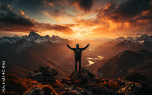 Hiker standing on mountain top at sunset. Generative AI