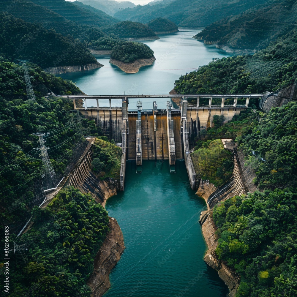 Fototapeta premium Hydroelectric Scenery. An aerial view of a hydroelectric dam. surrounded by river and mountainous terrain. emphasizing sustainable energy and environmental harmony.