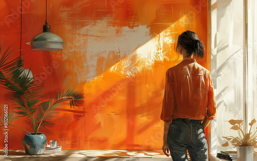 Woman standing in front of orange wall. Generative AI