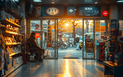 Man in wheelchair outside store. Generative AI photo