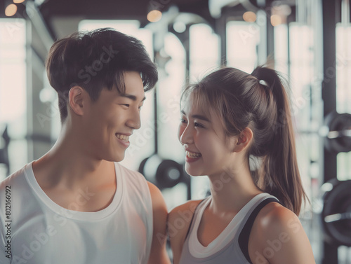 Exercise,Relationship,Body builder,Asian couple is working out in the gym, smiling and looking at each other with love and confidence