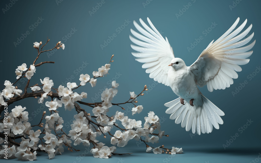 Obraz premium White bird flying over branch with white flowers. Generative AI