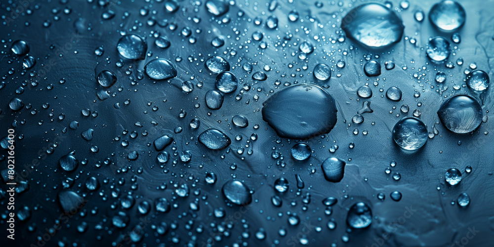 Water droplets on blue surface. Generative AI