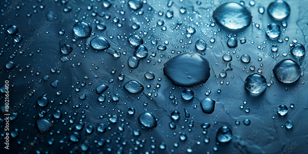 Water droplets on blue surface. Generative AI Water droplets on blue surface. Generative AI