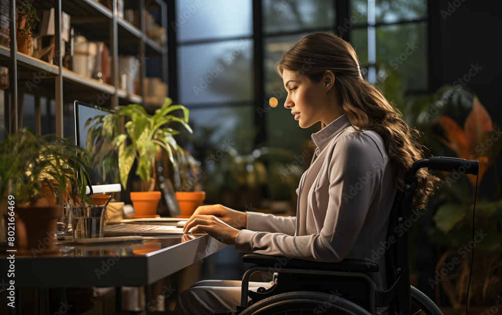 Fototapeta premium Woman in wheelchair working on laptop. Generative AI