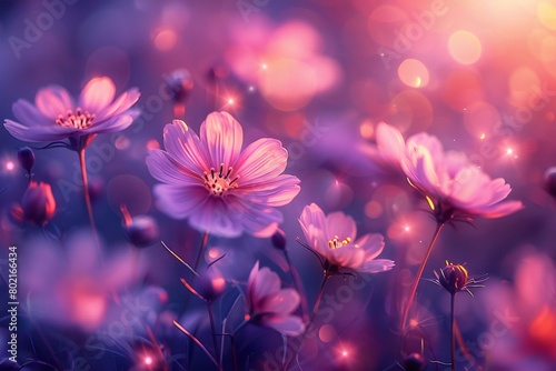 Cosmos flowers with bokeh lights,  Nature background,  Vintage style © Nguyen