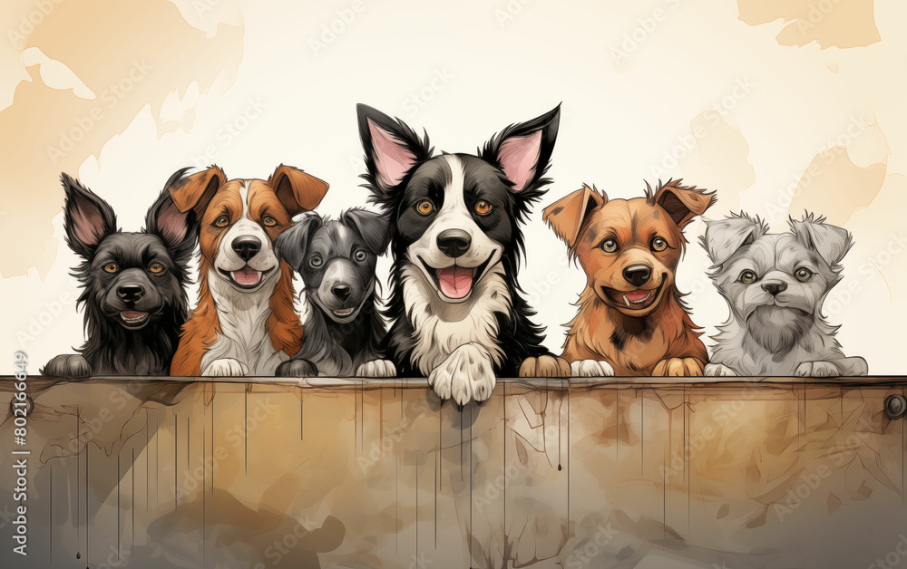 Group of dogs sitting on top of a wooden box. Generative AI