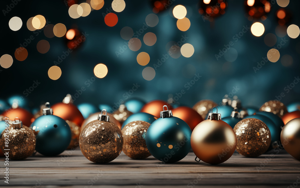Group of christmas ornaments on wooden table. Generative AI Group of christmas ornaments on wooden table. Generative AI
