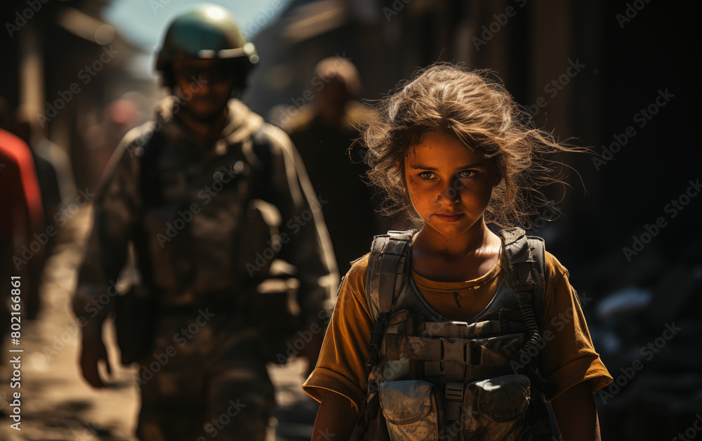 Fototapeta premium Young girl walking beside soldier. Generative AI