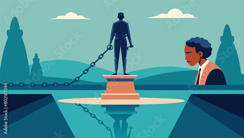 A small reflection pool next to a statue of a person breaking free from chains serving as a powerful reminder of the true meaning of Juneteenth and. Vector illustration
