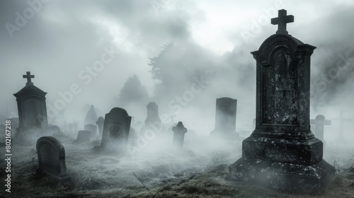 A dark and foggy graveyard with tombstones
