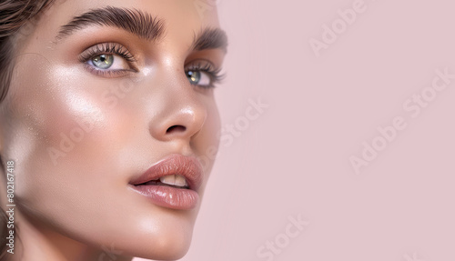 Portrait of young woman with beautiful skin on pink background. Concept of make-up, cosmetics, skin care, woman beauty center, plastic surgery, aging. Copy space for text, message, advertising, logo