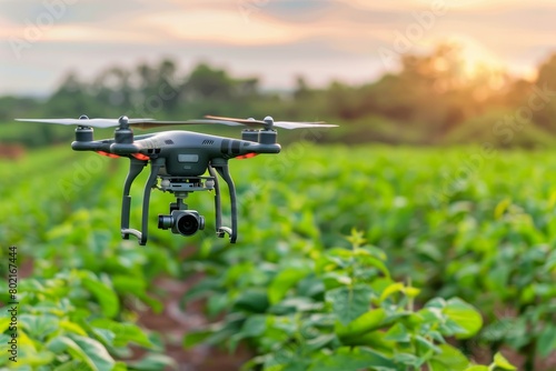 A drone is flying over a field of crops.