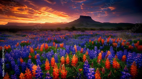 A field of bluebonnets and Indian paintbrushes with a mountain in the distance. photo