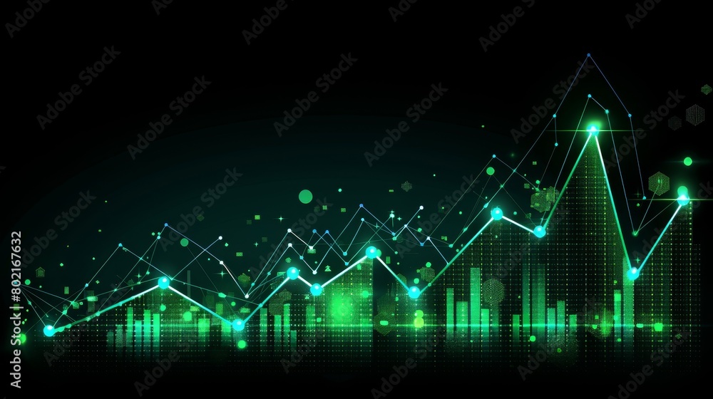 A glowing green circuit board with lines of code and a glowing green graph in the background.