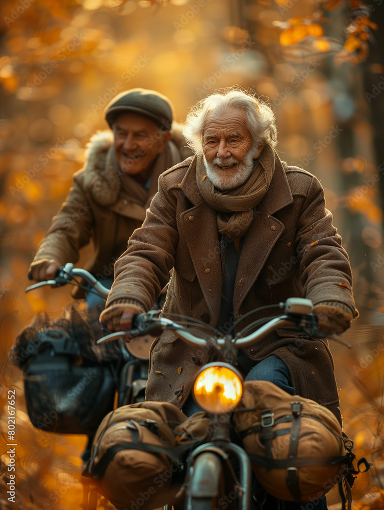 Two men riding on a motorcycle in the woods. Generative AI Two men riding on a motorcycle in the woods. Generative AI