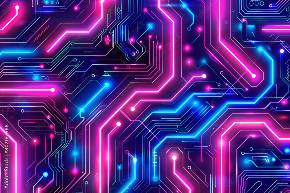 Obraz premium A glowing pink and blue circuit board.