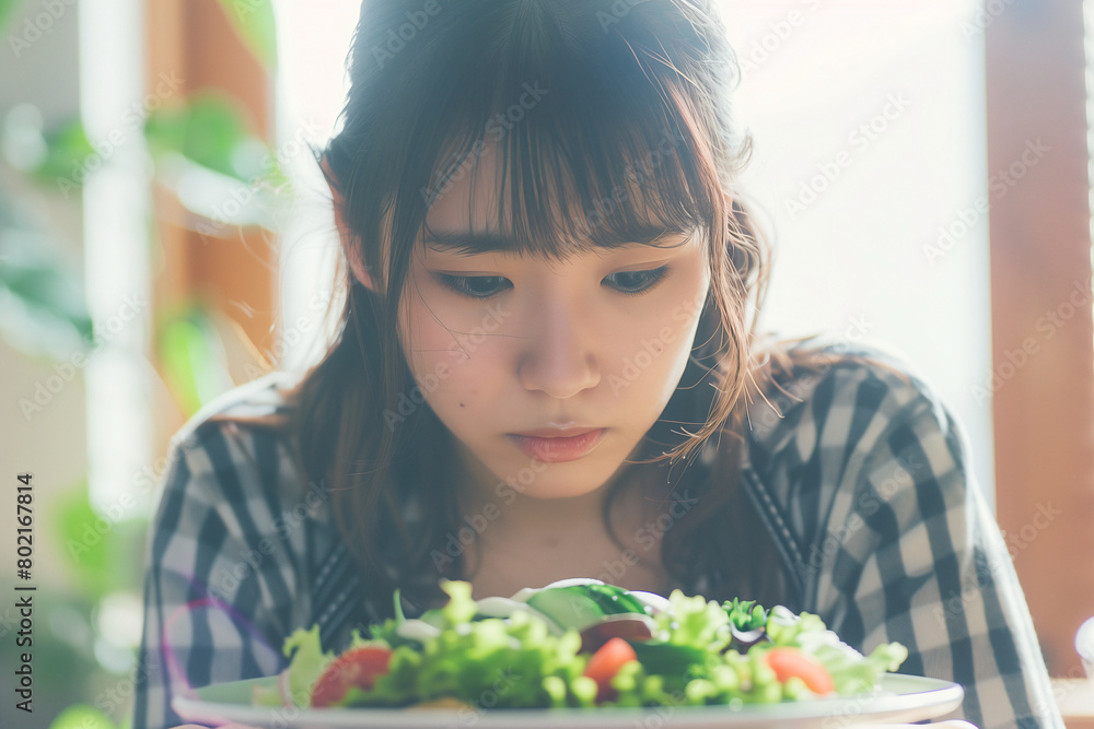 Vegan,Food,Slim,Weight Control,Hungry Japanese woman on a diet looking down on her small salad plate and made pouty face 