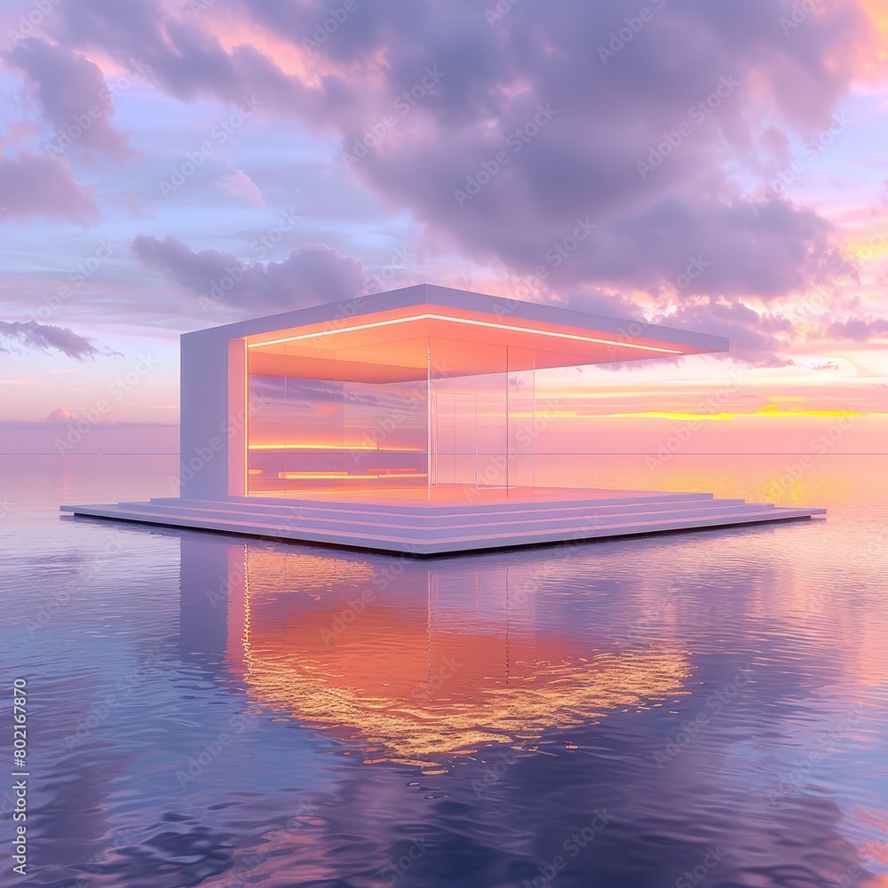 Fototapeta premium A house floating on water with a beautiful sunset in the background.