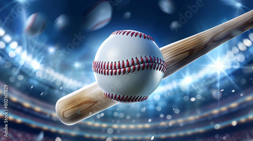 Baseball touching the bat at the perfect swing, stadium backdrop, 3D vector, dramatic angle,