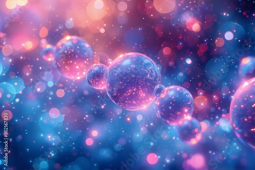 Bubbles on colorful bokeh background, rendering