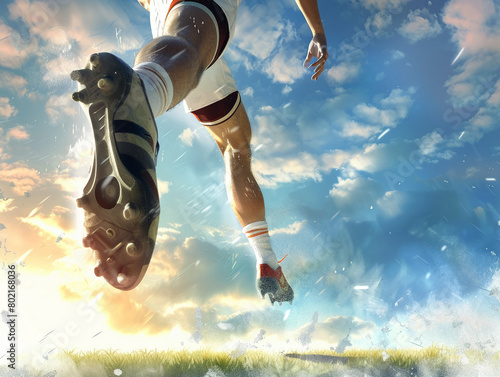 Rugby ball being kicked by player  stadium field  3D vector  dynamic motion  cloudy sky 
