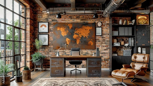 Wallpaper Mural well-appointed industrial home office featuring a large wooden desk, exposed brick walls, and mid-century modern furniture, conveying a warm industrial aesthetic Torontodigital.ca