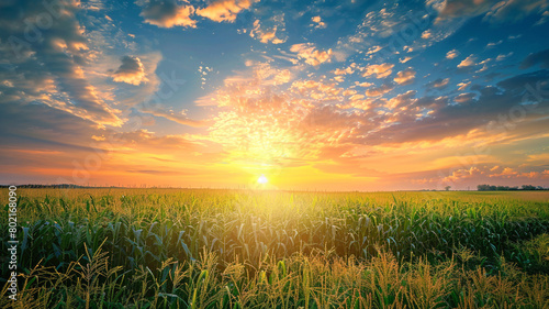 Green corn field with blue sky and sunset background